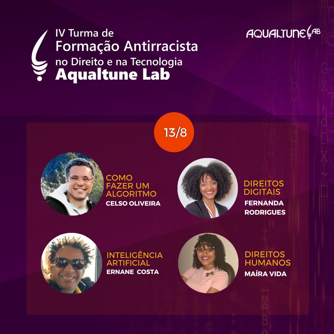 Card ilustrativo com fundo roxo com a foto dos 4 professores : Celso (homem Negro de cabelo curto, usa casaco e sorri para a foto), Fernanda (mulher negra, usa óculos, está com cabelo solto), Ernane Xavier (homem negro, usa óculos escuro e sorri) e Maíra (mulher negra, usa uma blusa rosa e óculos).